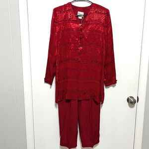 Vintage 90s Red Jacquard‎ Pant Set Maren Sz 6 Brocade Tunic Top Trouser Made USA